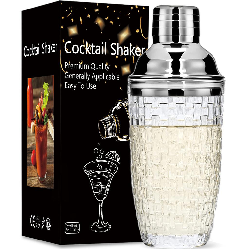 Glass Cocktail Shaker Woven Texture Glass Stainless Steel Lid Cocktail Glass with Leak-Proof Metal Steel Lid and Strainer