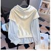 Women Autumn Korean Stripe Fake Two-piece College Hooded Semi-zipper Long-sleeved Sweater Top