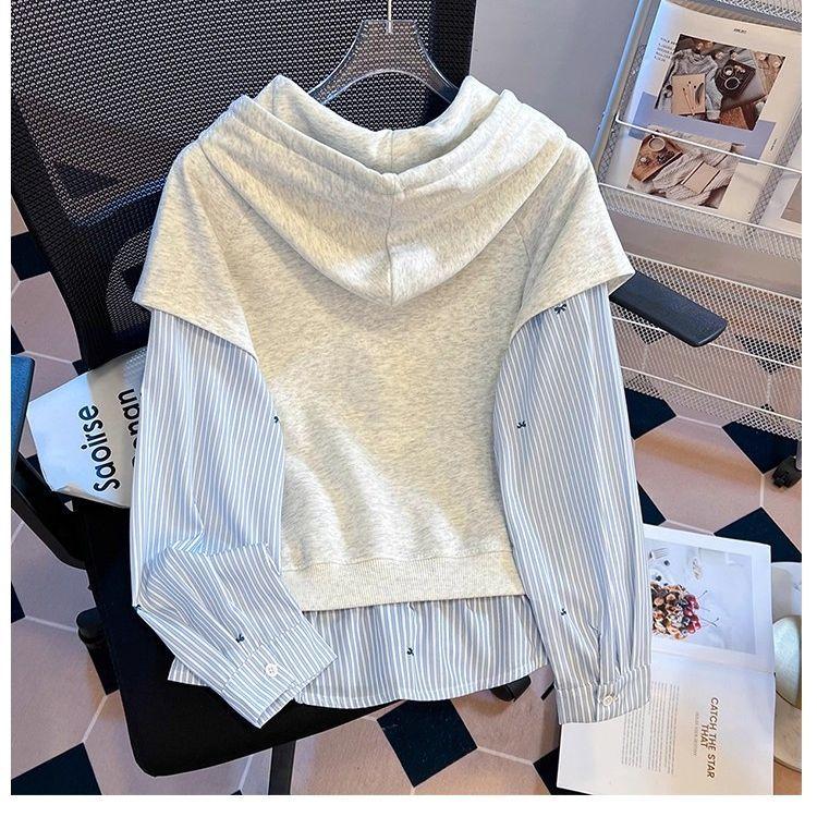Women Autumn Korean Stripe Fake Two-piece College Hooded Semi-zipper Long-sleeved Sweater Top