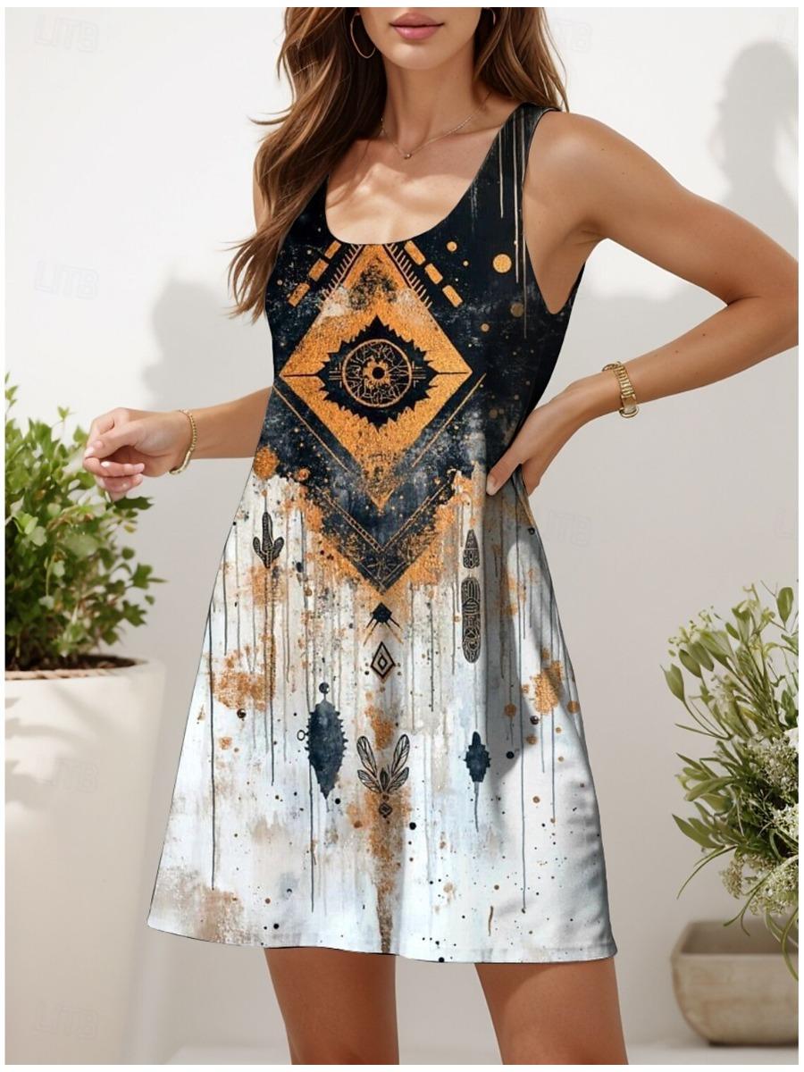 

Summer Beach Women Casual Sleeveless U Neck Knee Length Dress Midi A Line Dress for Party Vacation Daily Wear S