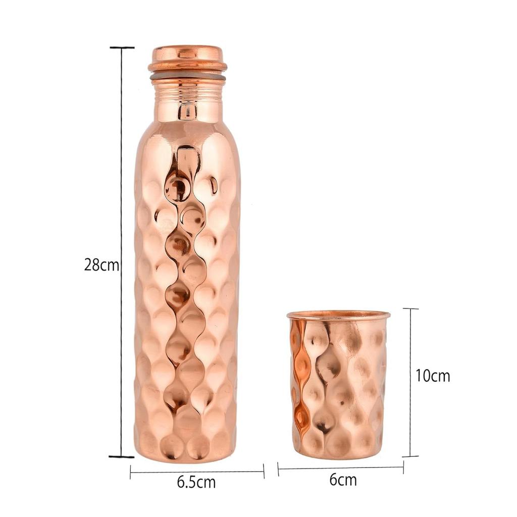 Copper Water Bottle 1 Ltr | Copper Water Bottle with Glass Set | Meena Work | 100% Pure | Leak-Proof | 2 Water Glass 300ml each |