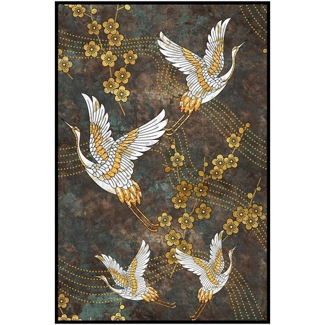 Retro Chinese Style Gold Flying Crane Abstract Sun Animal Canvas Painting Birds Posters Prints Wall Painting for the Living Room