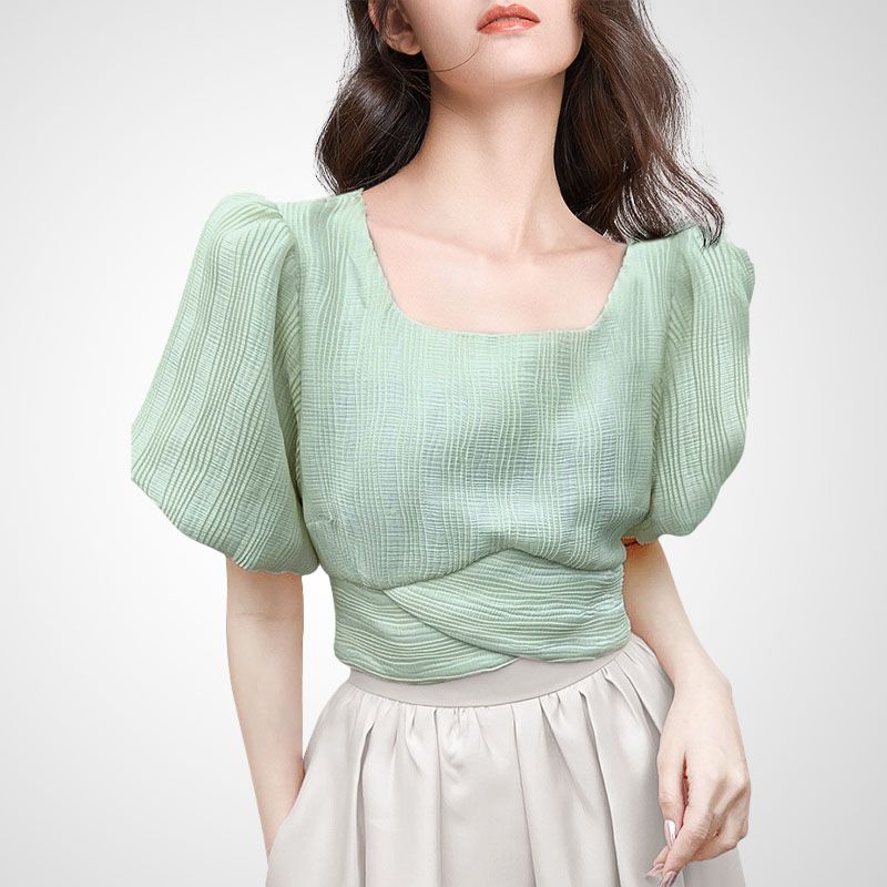 

Fashion Fashion European and American Shoelace Fitted Waist Figure Flattering Shirt Green L