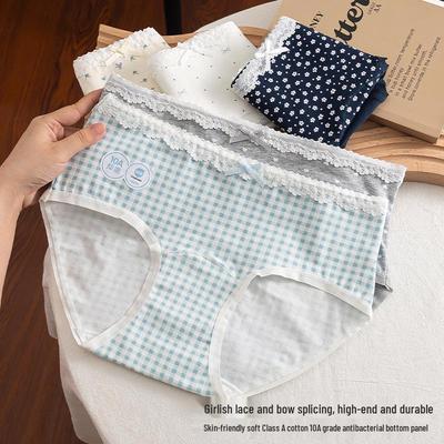 3-Pack Pure Cotton Lace-Trim Women's Panties with Bow, Antibacterial Extended Crotch, Sweet Girl 10A