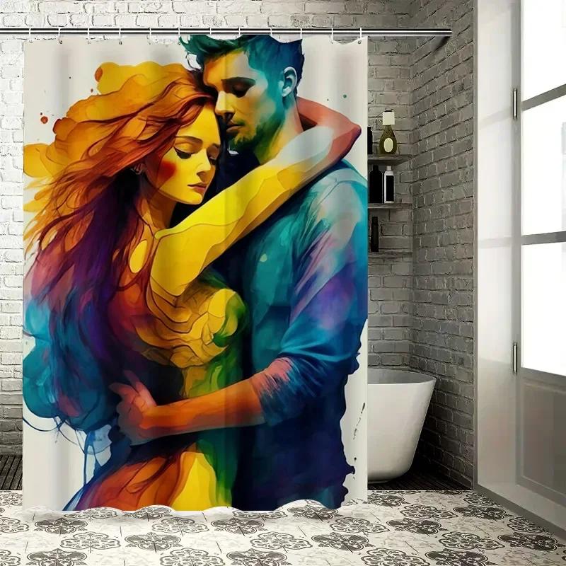 Colorful Romantic Couple Artistic Waterproof Shower Curtain For Bathroom Decor, High-Quality Material And Easy To Clean