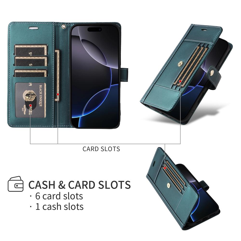 RFID Bloking Phone Case with 6 Card Slots & Cash Pocket Kickstand PU Leather Wallet Case with Wrist Strap for iPhone 17/16/15, Samsung, Xiaomi