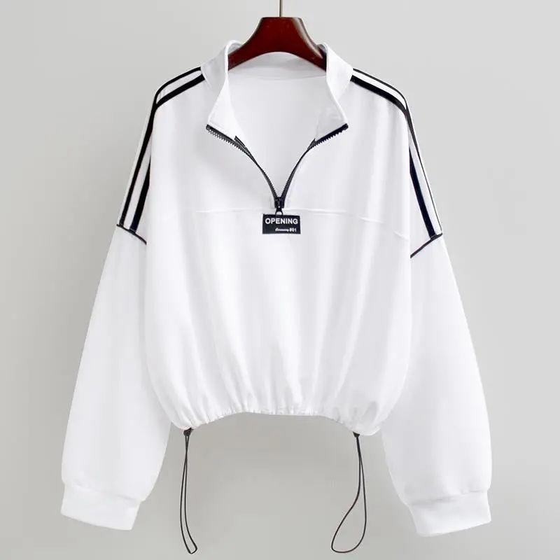 New Spring and Autumn Fashion Sports Korean Edition Thin Striped High Neck Half Zip Short Elastic Oversize Women's Sweater
