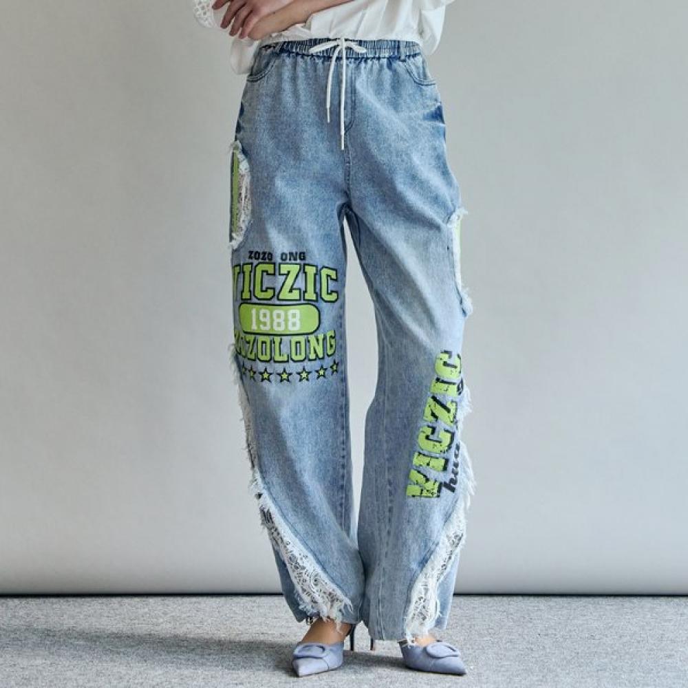 Maxza Lettering Lace Patch Wide Banding Denim Pants Zf06ql003na painted/FREE