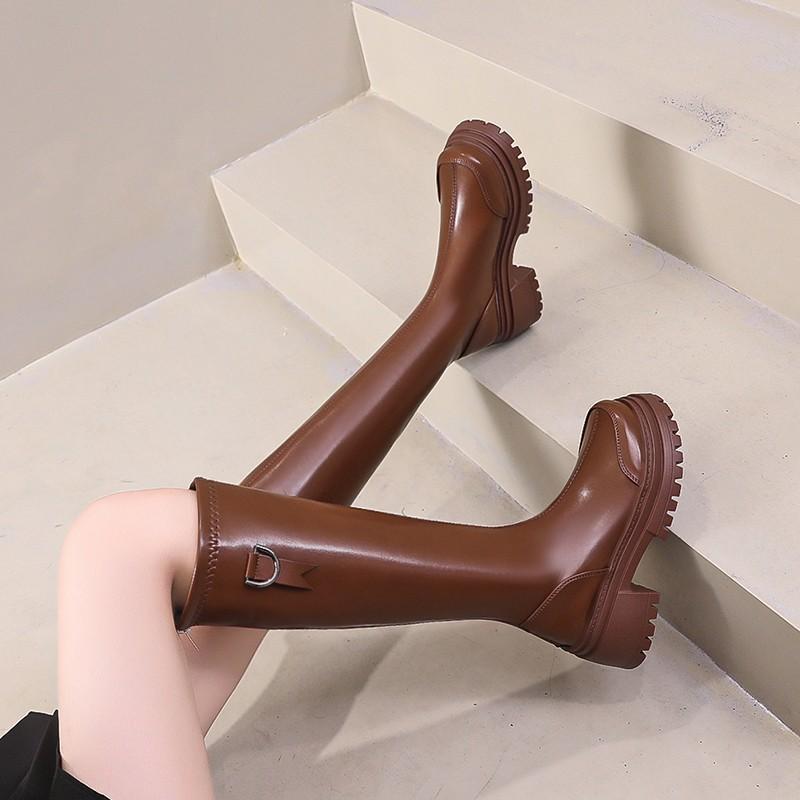 Fashion New Popular Round Toe Side Zip Modern Boots Knee-High Belt Buckle Female Shoes Classics Women Chunky Heels Winter Women's Boots