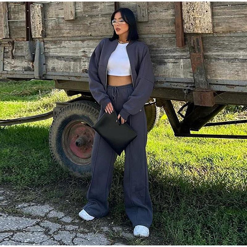 Ležérní mikina na zip, kalhoty, sada, ženy, jednobarevná, s výstřihem do O-neck, bomber bunda, volné šněrovací kalhoty s vysokým pasem, 2025 jaro/podzim, nové dámské obleky