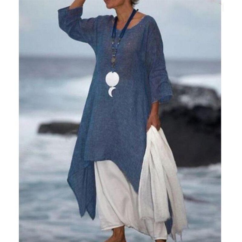 

Pullover Blouse Baggy Tops round Neck Dress Loose Coat and Dress Female Blue XL