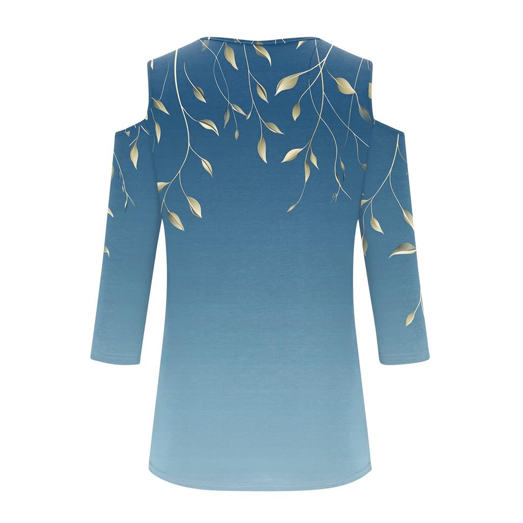 Women's Casual Shirt Blouse Print V-neck Sexy Cold Shoulder 3/4 Sleeve Top