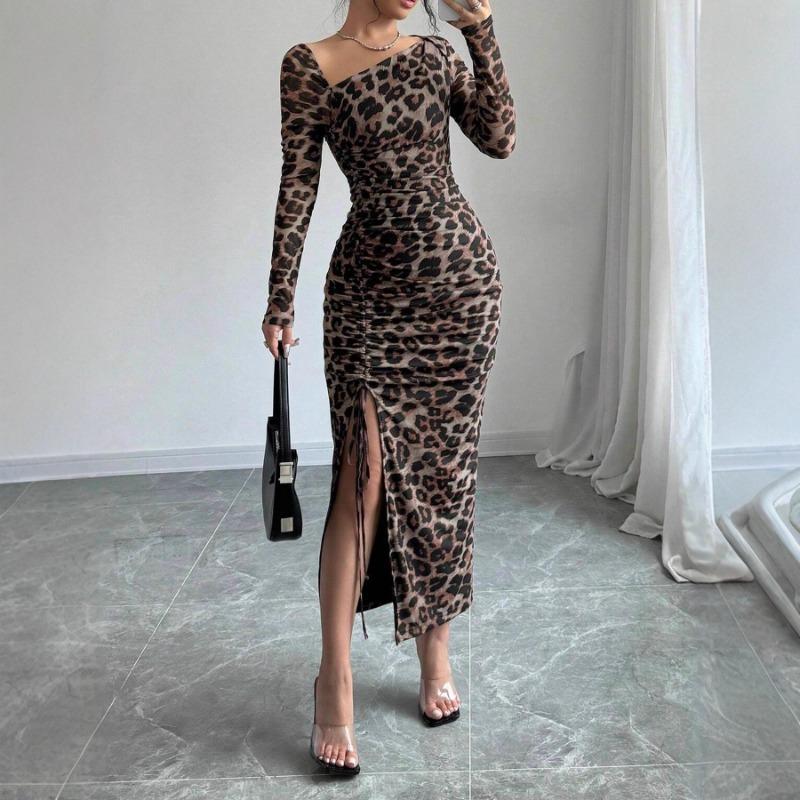 Women Sexy Slim Fit High Waist Slit Leopard Print Long Sleeve Bodycon Dress S коричневый
