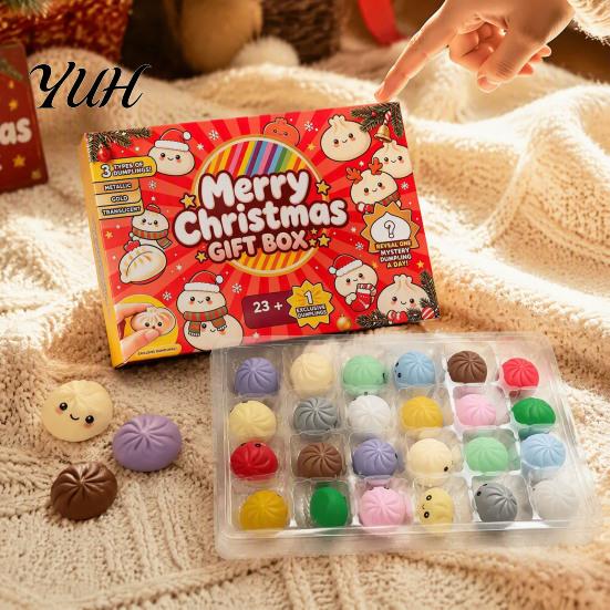 Holiday Countdown Box Merry Christmas Dumpling Gift Box, Xmas Advent Calendar with Stress Relief Toy Squeeze Toys, 24 Days Steamed Bun
