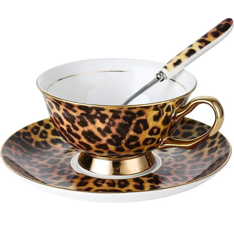 Vintage Set šálku a podšálku na kávu z kostního porcelánu s leopardím potiskem Evropský odpolední čaj Dárková krabička s luxusní keramikou pro domov/oslavu/dárky