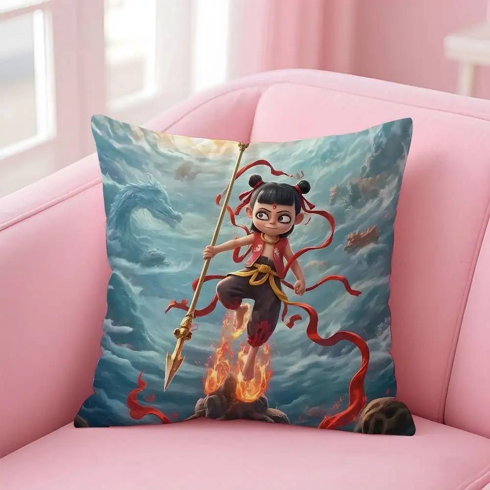 Chinese Anim Nezha Pillow Case Printed Pillowcase for Living Room Sofa Cushion Cover & Bedroom Decor