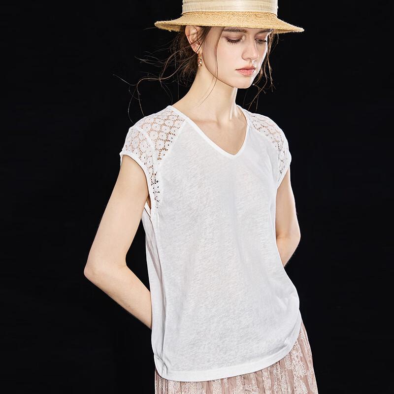 Wudao Elegant Silk Blend Lace V-Neck T-Shirt L