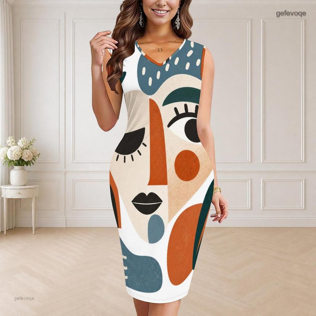 Women Plus Size V Neck Sleeveless Printed Bodycon Midi Dress