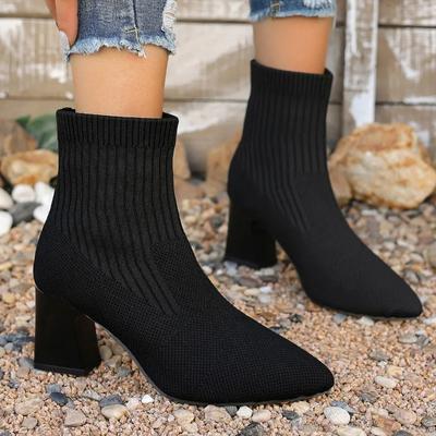 Fashion 2024 Hot Sale Ladies Shoes Ankle Women's Boots Plus Size Knitted Boots Women Pointed Toe Slip On High Chunky Heels Shoes Women