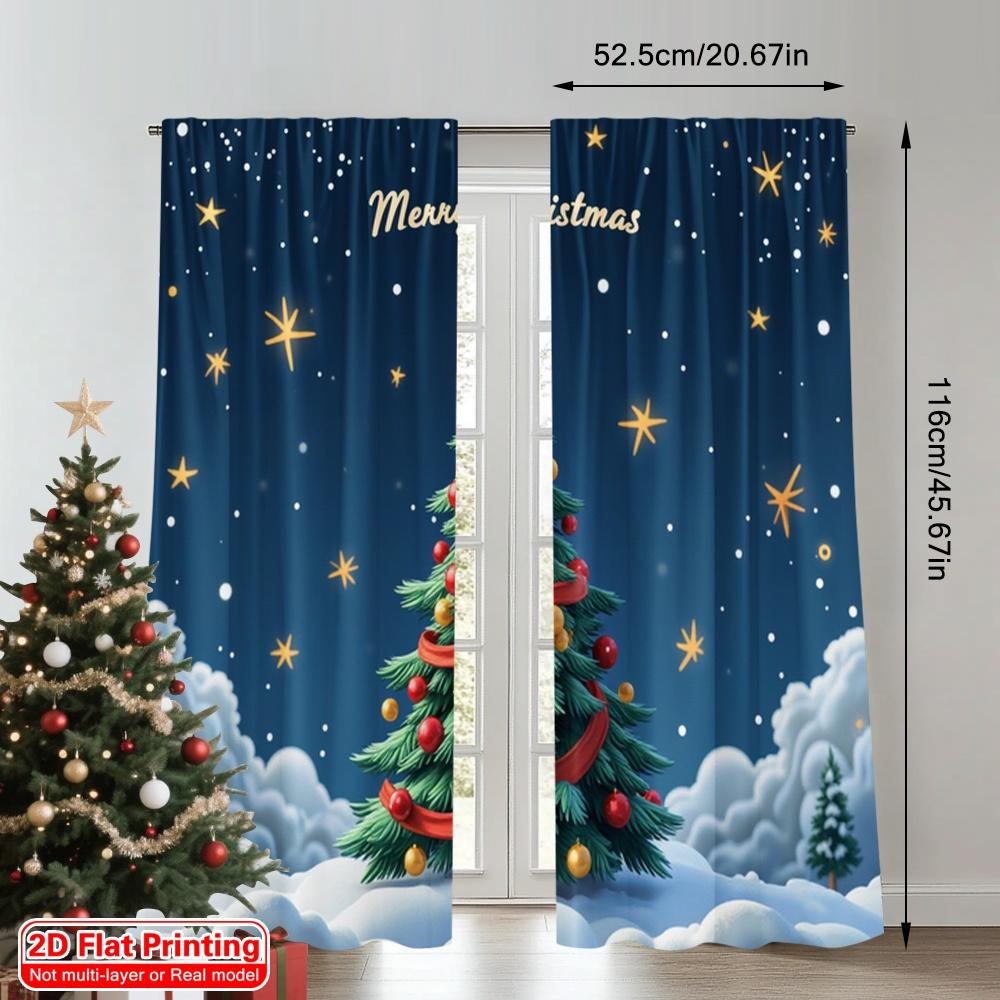 2pcs 2D Flat Printing Merry Christmas Popular Window Curtains Merry Christmas Tree Snow 100% Polyester Fabric Without