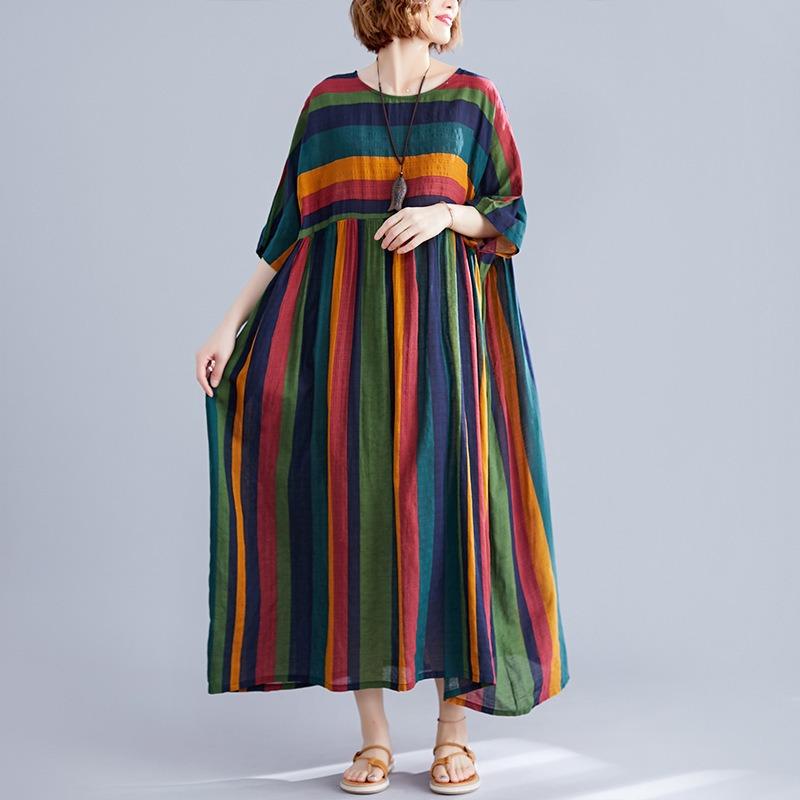 Real shot summer new literary large size loose splicing striped cotton and linen short-sleeved dress women's clothing