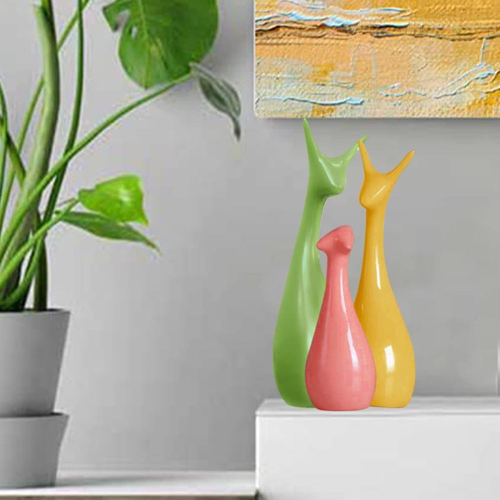 Home Décor Lucky Deer Family Set | Piano Finish Ceramic Figures - (Set of 3 Yellow, Pink, Parrot Color)