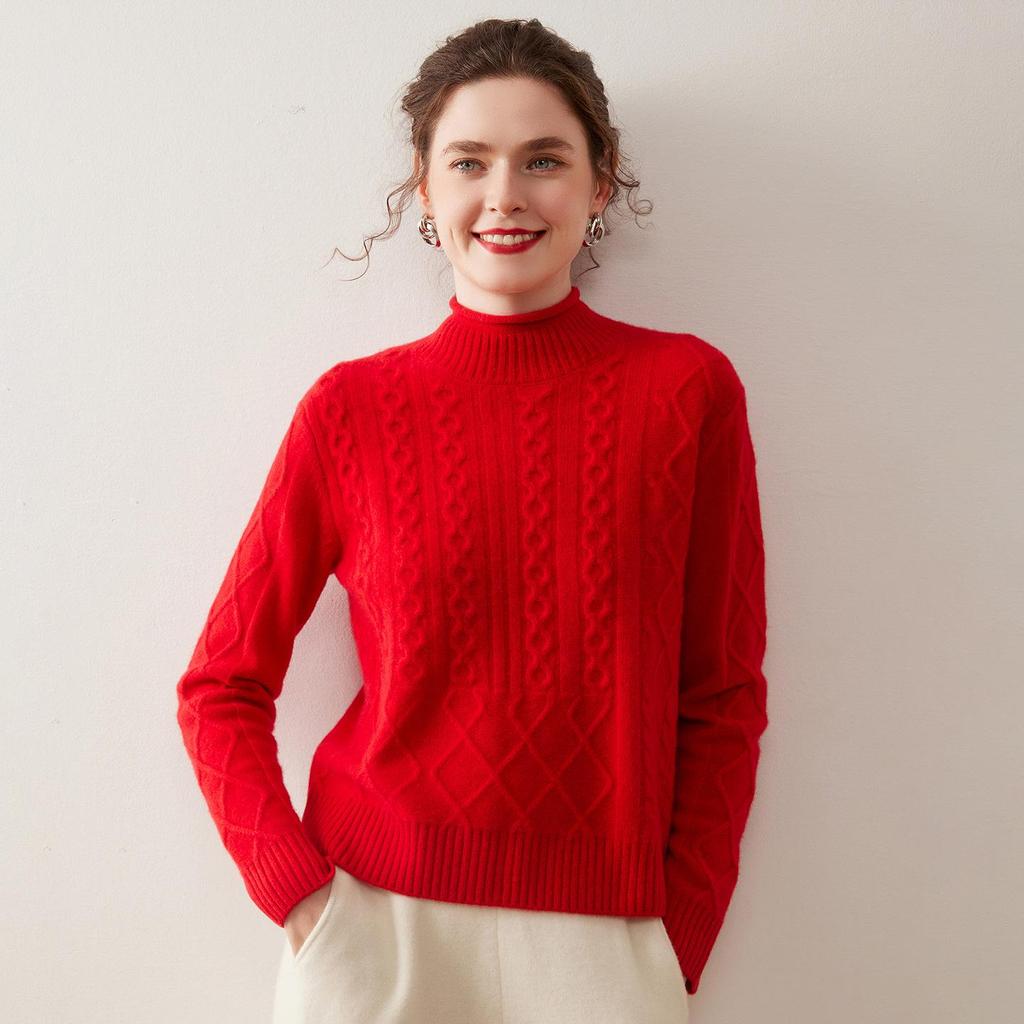 2025 Autumn Women's High Neck Cable Knit Cashmere Sweater - Loose Fit with Diamond Pattern