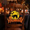 Retro Moon Wall Ornament Halloween Wood Door Hanger Sign, Pumpkin And Black Cat Printed, with Hemp Festive Party Decoration Rope Lanyard, Decorative