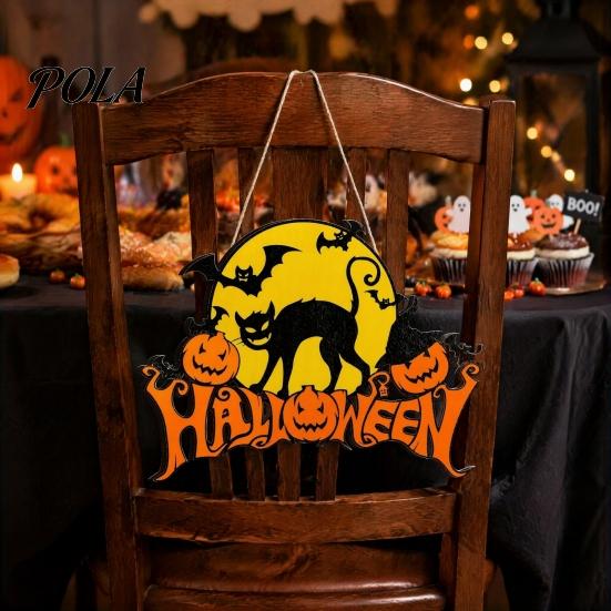 Retro Moon Wall Ornament Halloween Wood Door Hanger Sign, Pumpkin And Black Cat Printed, with Hemp Festive Party Decoration Rope Lanyard, Decorative