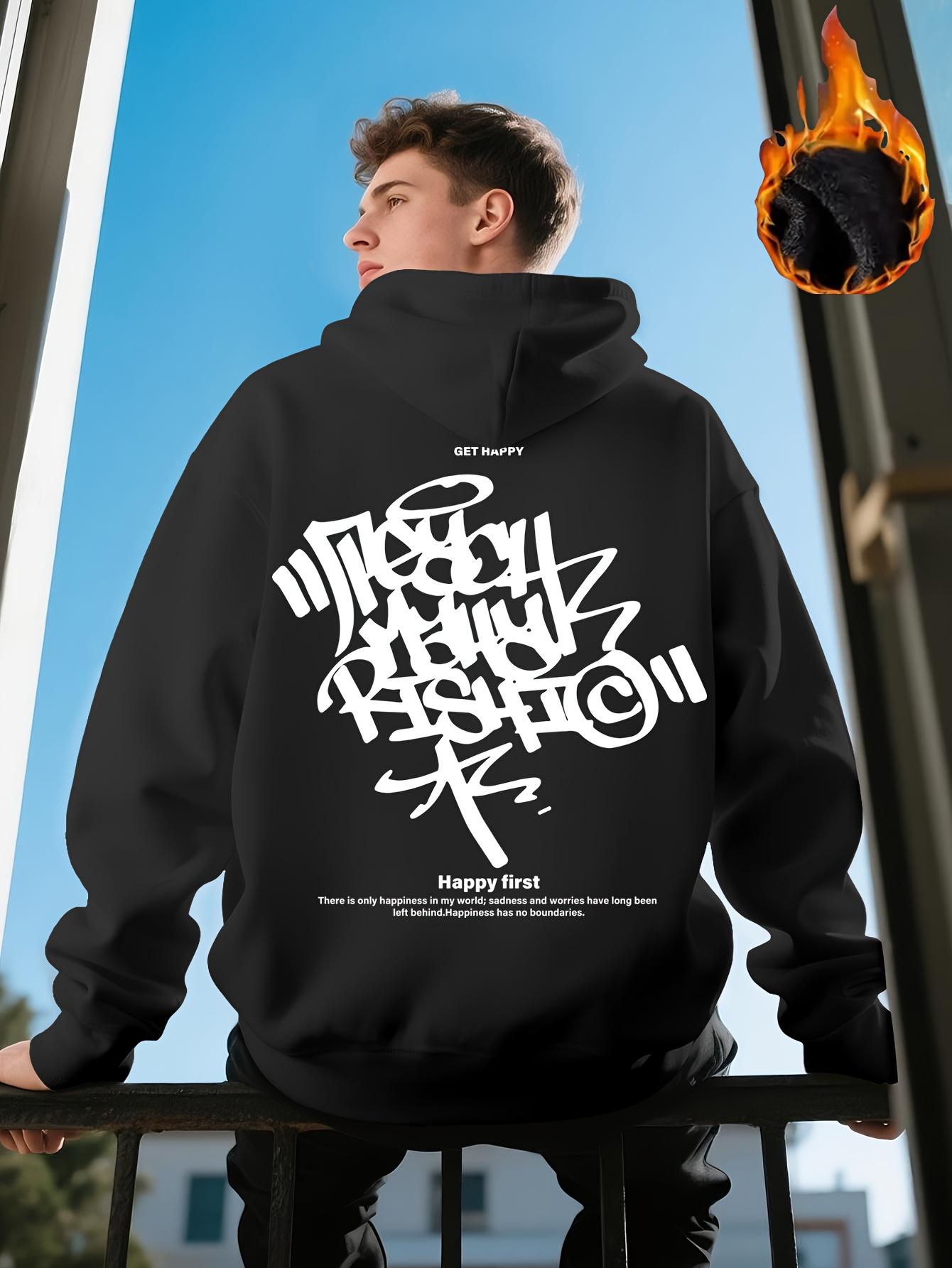 

Men s Hoodie with White Graffiti Text - Loose Fit Street Pullover, Drawstring Hoodie 3XL