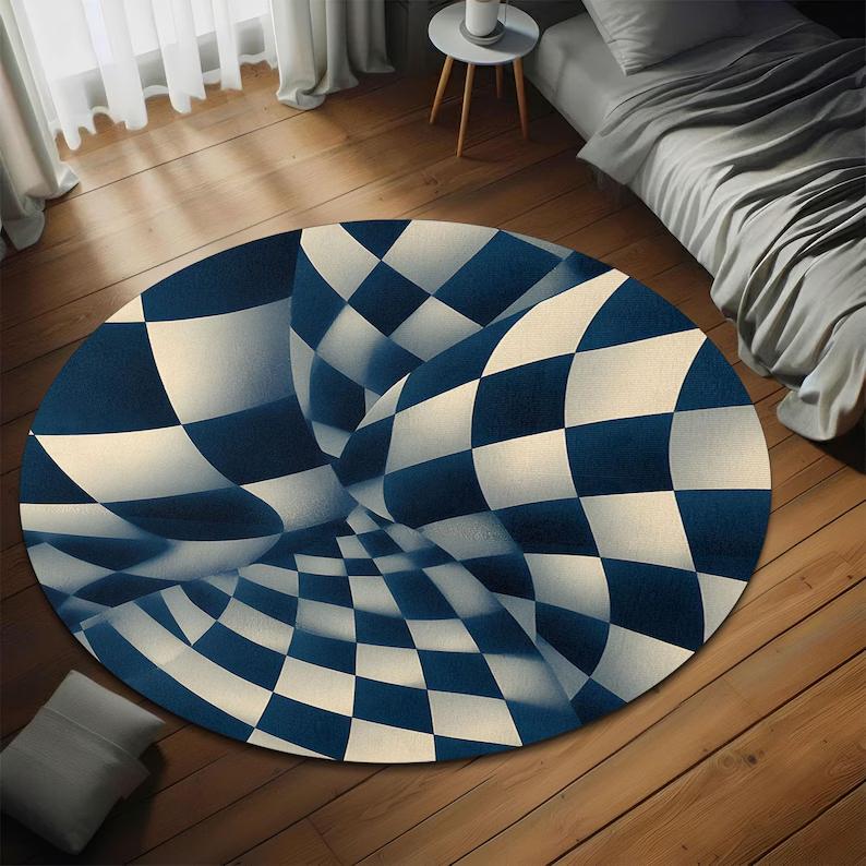 

2D Optical Illusion Round Rug Soft Non-Slip Spiral Black White Checkered Pattern Carpet Modern Home Decor Floor Mat 80cm x 80cm