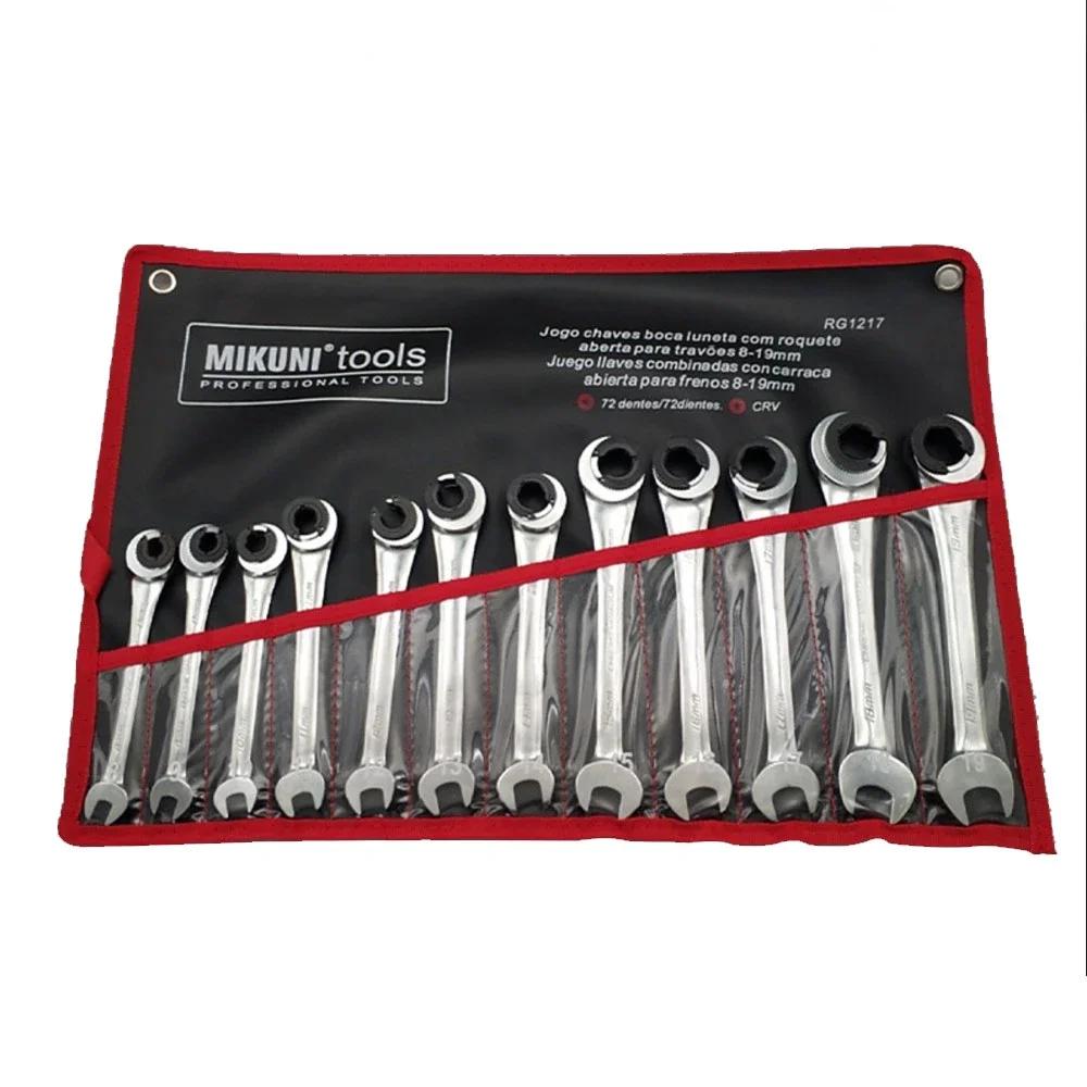 12Pcs 8mm-19mm Gears Ring Wrench Tubing Ratchet Combination Wrenches Set Oil Spanners Hand Tools with Open Flex-head