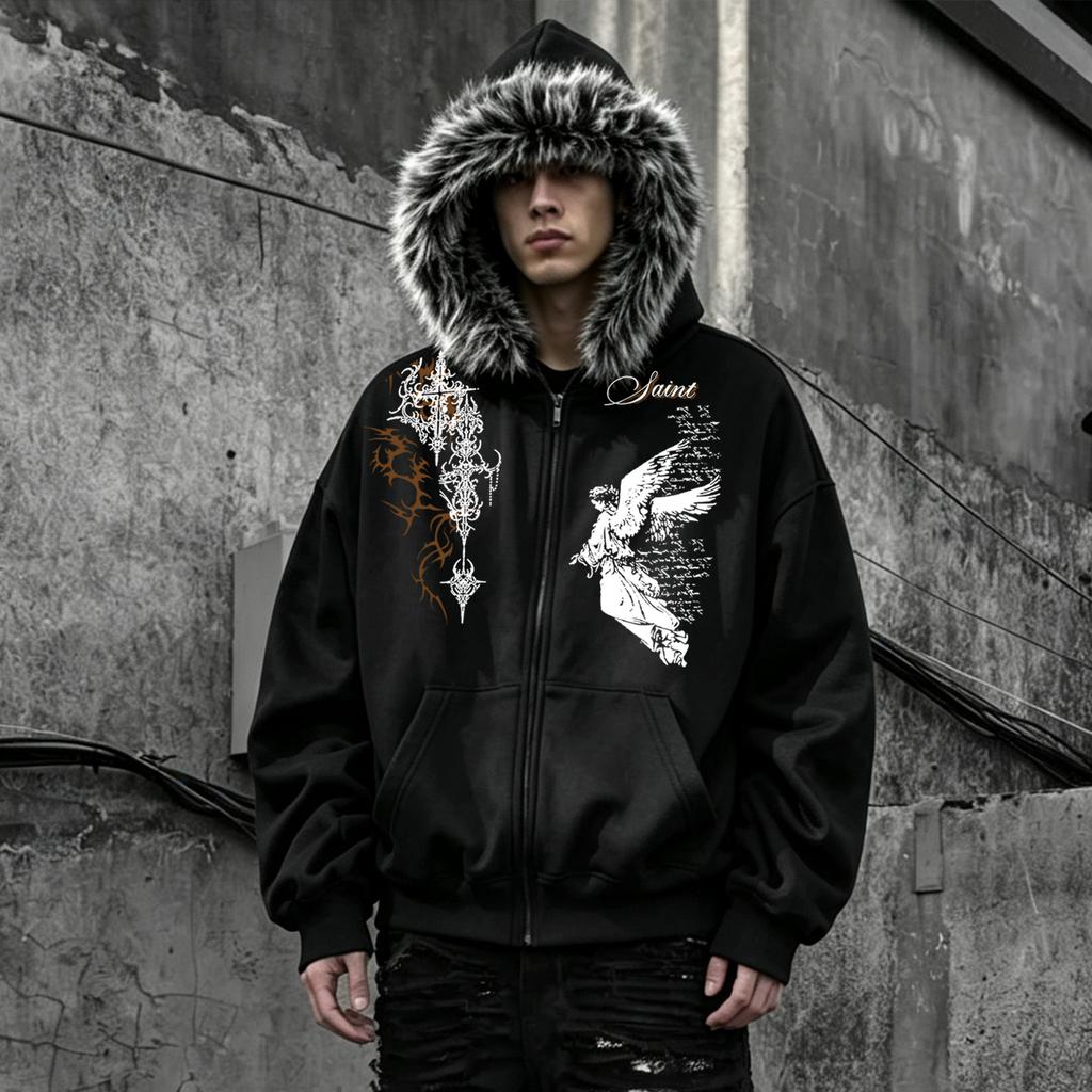 Loose-Fit Sweatshirt with Faux Fur Collar, Soft-Lined Zipper, and Side Pockets—Warm Top for Men and Women, Unisex Casual Cardigan
