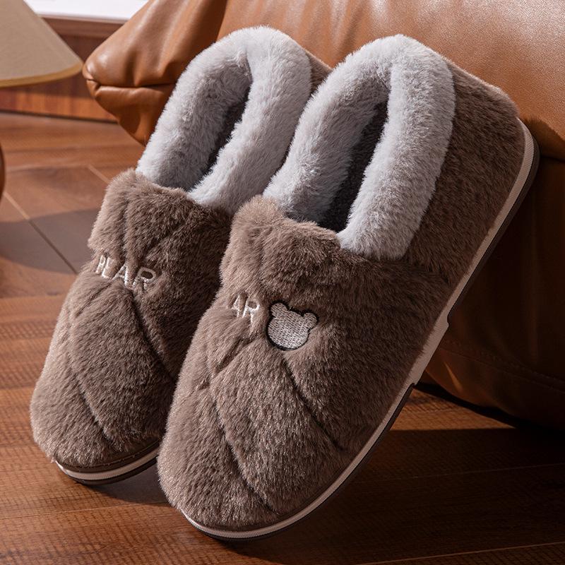 Men's and Women's Winter Waterproof Cotton Slippers - Silent, Plush, Warm, Thick Sole, Closed Heel, Deodorant Down Cloth