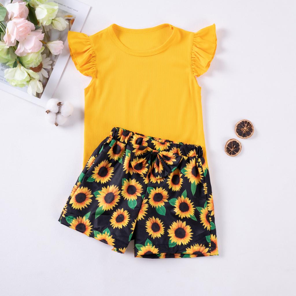 Girls Fashion Cute Solid Color Top Sunflower Printed Shorts Two-piece Set 2025 Summer Children's Casual Set