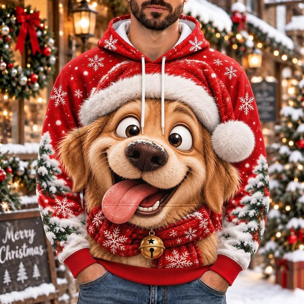 Men's Casual Loose Fit Hooded Long Sleeve Top with Christmas Print for Holiday Parties