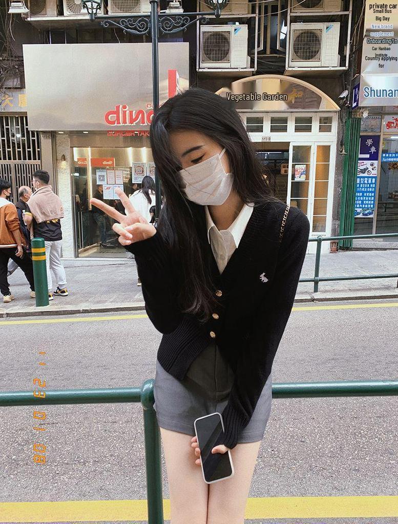 2025 Autumn/Winter V-neck Long Sleeve Knit Cardigan with Rabbit Embroidery – College Style Age-Reducing Versatile Top