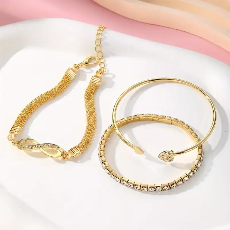 3Pcs Set Vintage Crystal Rhinestone Heart Bracelets for Women  Geometric Adjustable Infinity Cuff Bangle Jewelry Gift