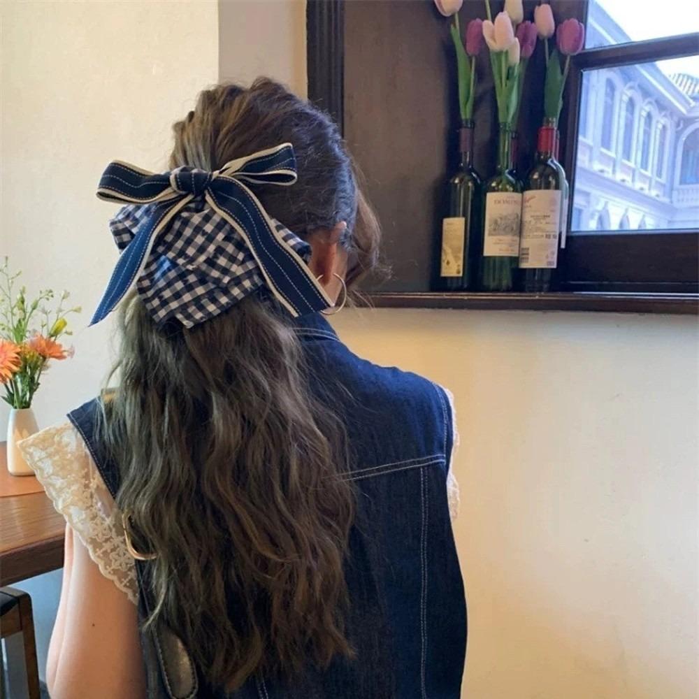 

Инс Резинка для волос Клетчатый узор Веревки для волос Модная повязка на голову для женщин синий