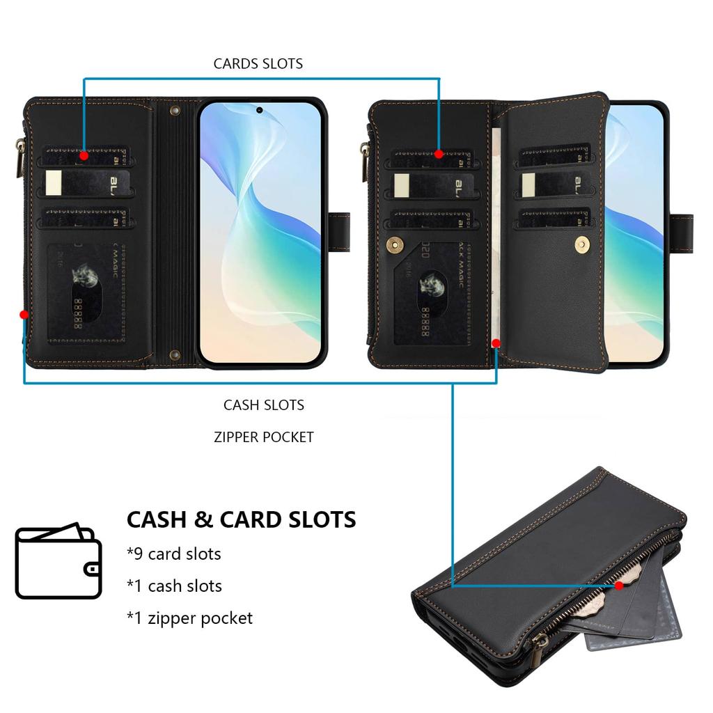 For Google Pixel 9 Pro XL 8 7 6 Pro 5 4A 5G Wallet Case, RFID Blocking Case Kickstand Flip Cover Wrist Strap Zipper Card Holder