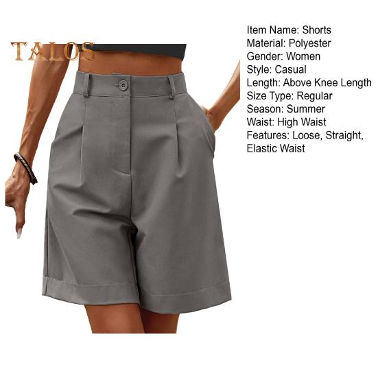 Pantaloncini da donna estivi Elastico a vita alta Tasche laterali larghe Dritto sopra il ginocchio Pantaloncini da ufficio casual da lavoro quotidiani traspiranti in tinta unita morbido