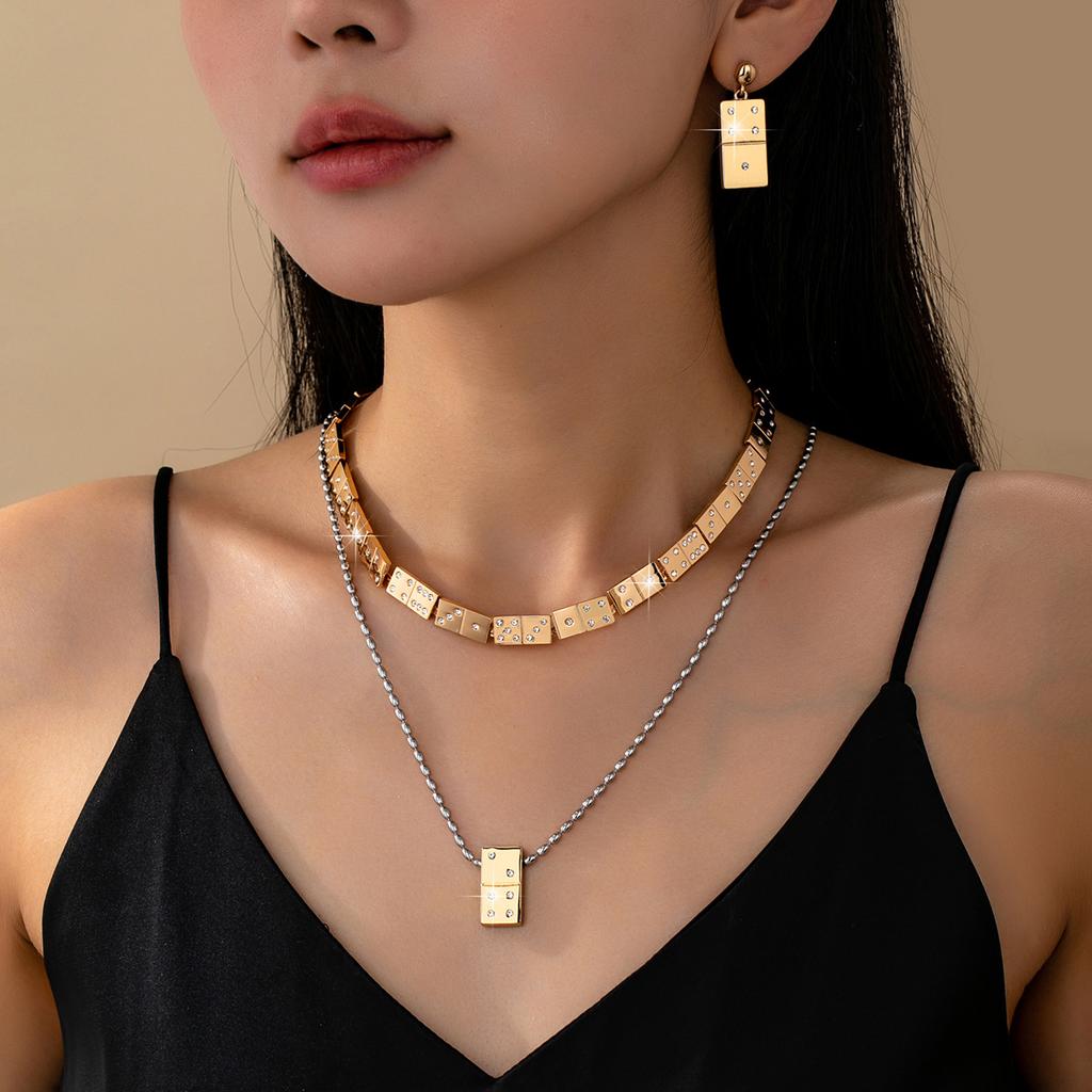 Hot-selling mahjong block inlaid zircon jewelry set versatile trendy neck chain