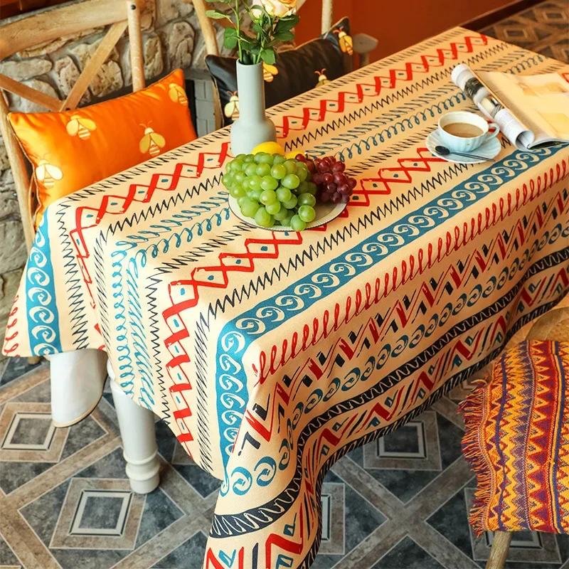 Vintage Boho Tassel Table Cloth Waterproof Cotton Linen Bohemian Tablecloth Patio Outdoor Wrinkle Free Table Protector Covers Wedding Party Home Decor