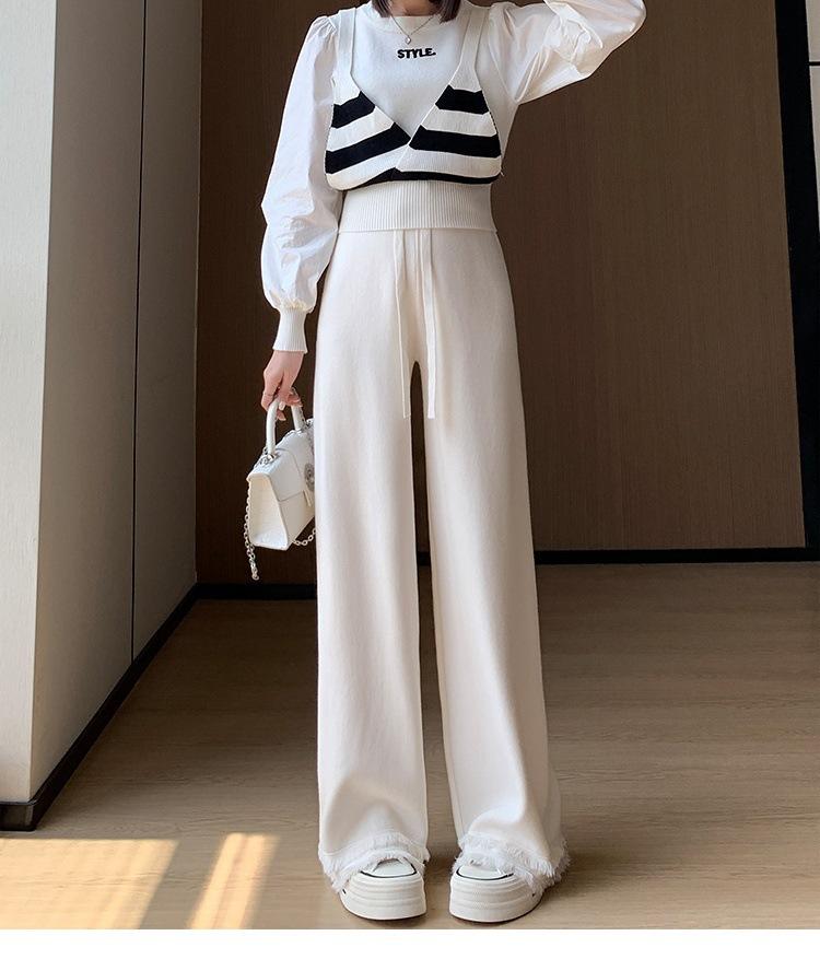 Tassel Rough Edge Knitted Pants Children's Autumn and Winter New High Waist Narrow Version Wide Leg Pants Lazy Drape Casual Straight-leg Pants
