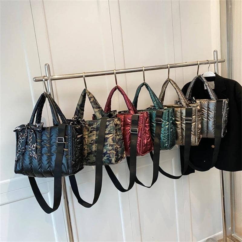 Elegant Women's Totes Bags with Silk Scarf Accent Winter Quilted Crossbody Bags for Women Casual Solid Color Padded Shoulder Bag