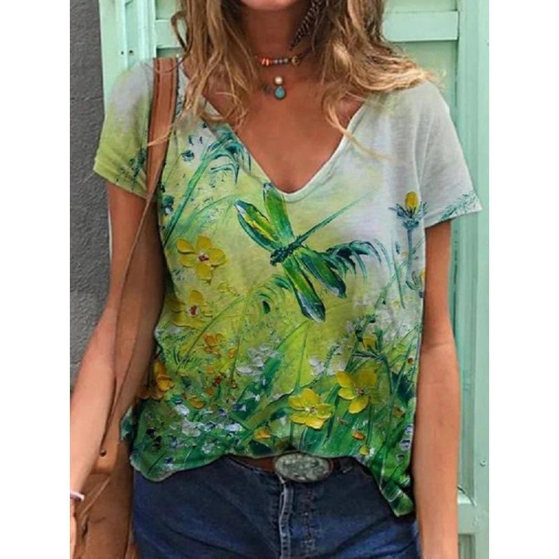 Ladies' Casual Summer Pullover V-neck T-shirt with Floral 3D Printing Short Sleeved Loose Women's Top T-Shirts Women’s