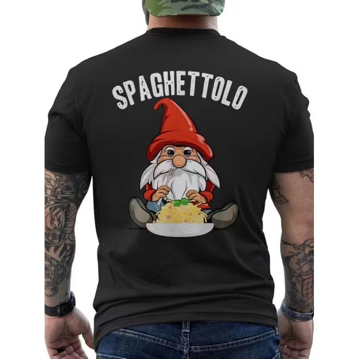 Men's T-shirt with Christmas Elf Print On the Back - Spaghettolo Pasta Lover's Graphic Tee, Black Shirt with Red and White Text - Regular Fit Short
