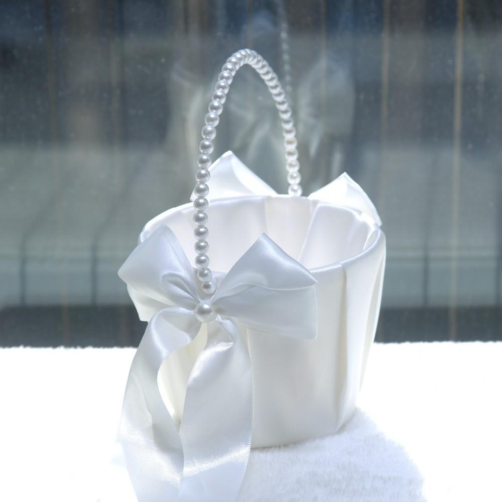 Satin White Wedding Flower Basket Rustic Bowknot Flower Girl Basket  Floral Petals