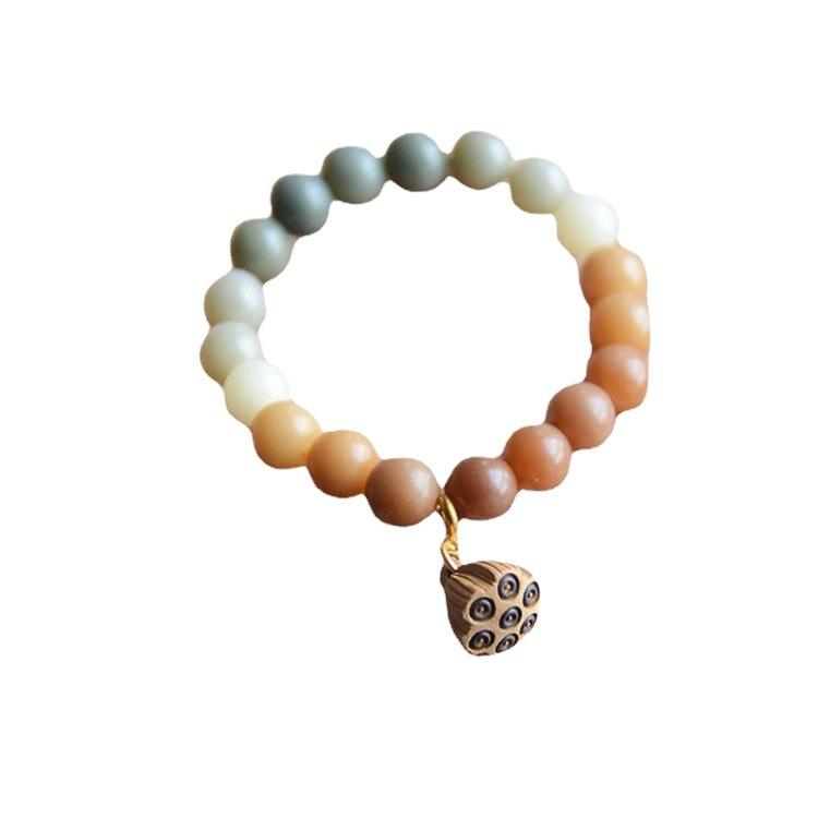 Youlian Natürliches Bodhi-Wurzel-Armband für Männer und Frauen mit Pfirsichholz-Lotus-Anhänger, Farbverlauf Einzelkreis Buddhistische Perlenarmband