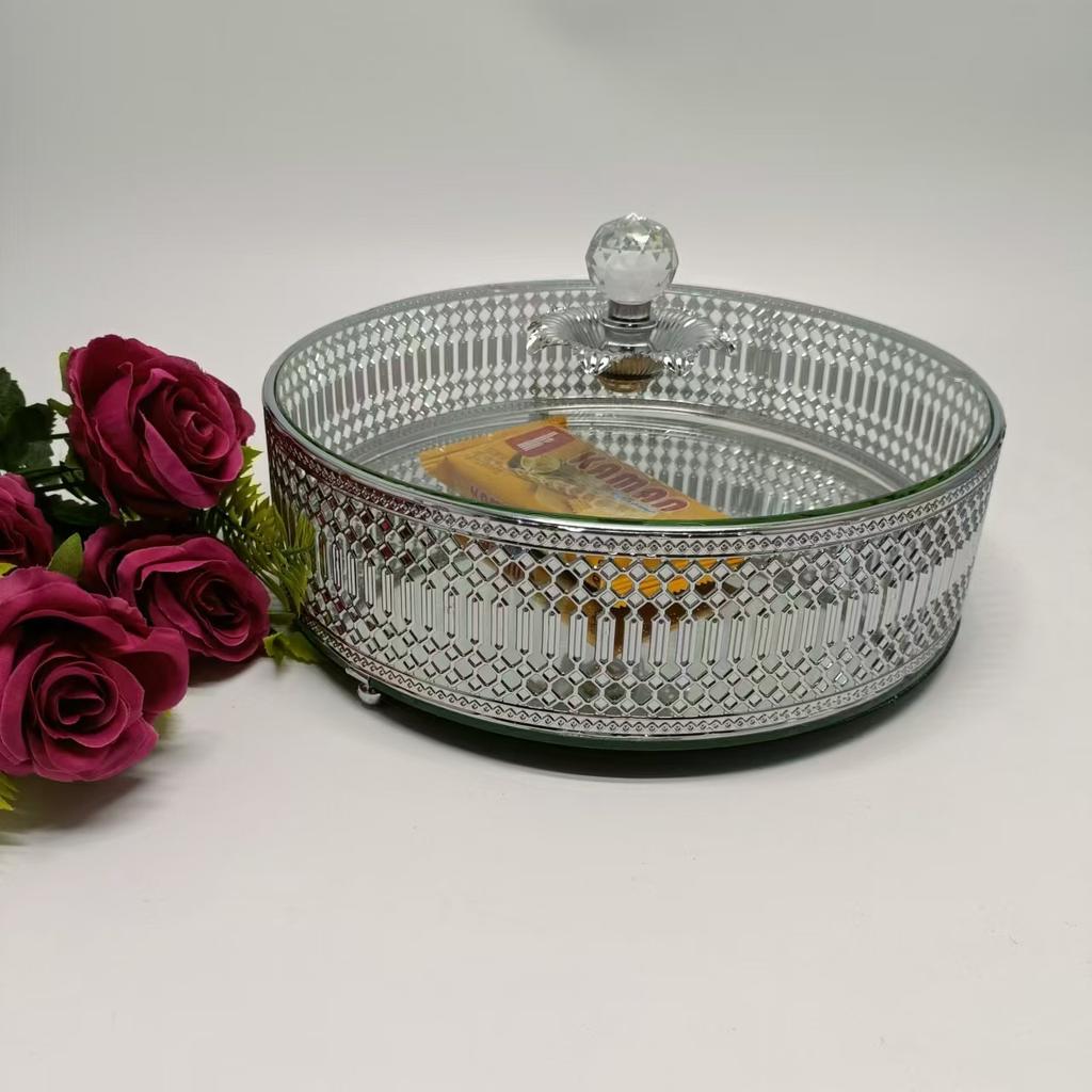 Nordic light luxury iron art round stripe mirror fruit plate with cover